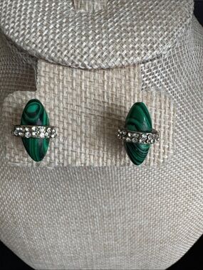 VTG Malachite and Rhinestone Art Deco Style Stud Earrings